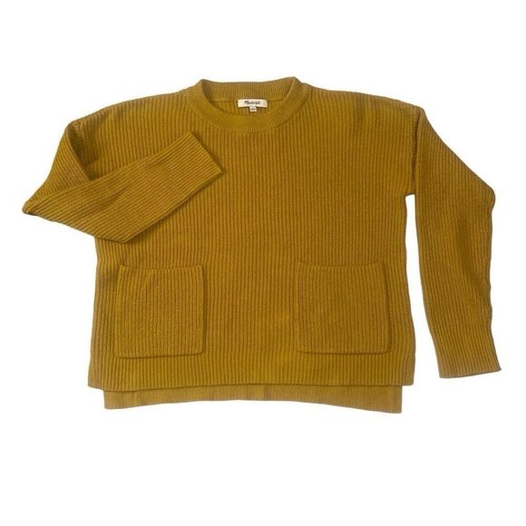 Madewell Mustard Gold Ribbed Patch Pocket Crop High Low Hem Sweater Women Small - Picture 1 of 9